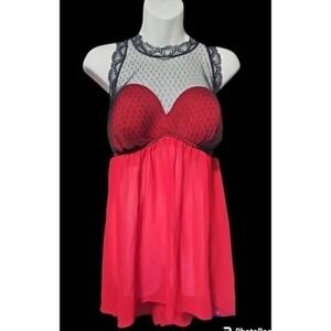 Ambrielle Babydoll Lingerie Sleepwear Lace Trim Sheer Red Black XL